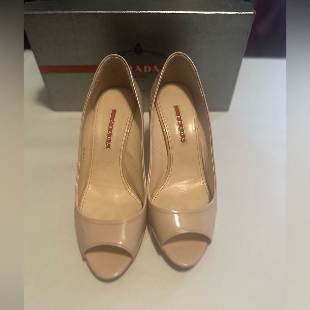 Prada Nude Patent Leather Peep-Toe Pumps - Picture 1 of 11